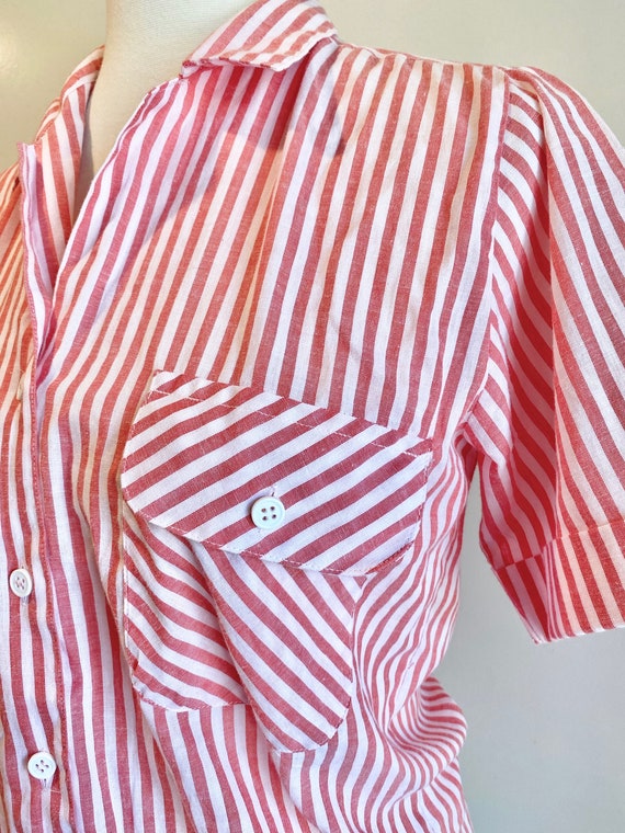 Vintage 1970s Red White Striped Button Up Pocket … - image 3