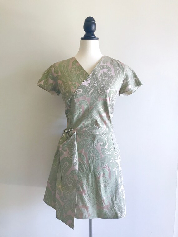 Vintage 1960s Mint Green Brocade Wrap Cocktail Dr… - image 2