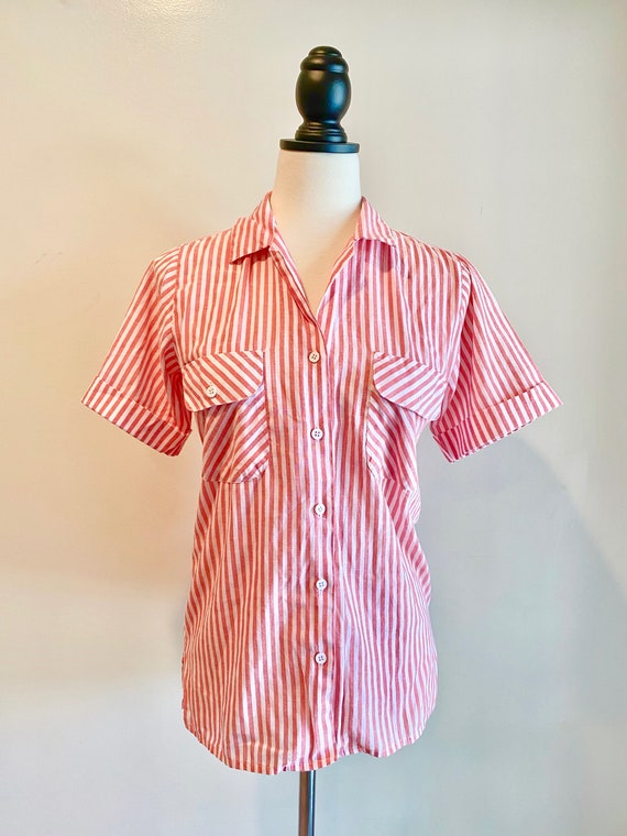 Vintage 1970s Red White Striped Button Up Pocket … - image 2