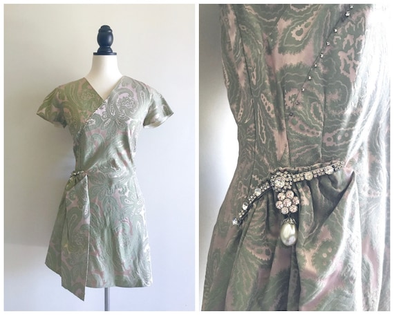 Vintage 1960s Mint Green Brocade Wrap Cocktail Dr… - image 1