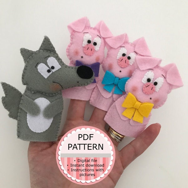 Felt Puppets Digital PDF Pattern / Sewing Pattern / Tutoriel avec photos - Les trois petits cochons et les marionnettes loup