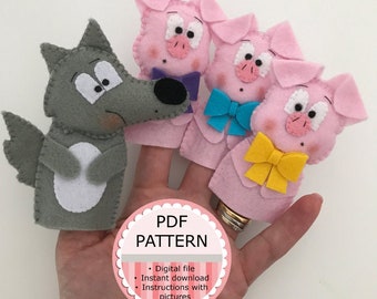 May include: A set of felt finger puppets featuring a gray wolf and three pink pigs with different colored bows. The puppets are designed for storytelling and imaginative play. The image also includes the text "PDF PATTERN - Digital file - Instant download - Instructions with pictures".