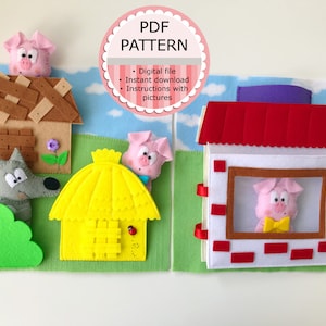 Puede incluir: Un libro tranquilo de fieltro con escenas de la historia de los Tres Cerditos. El libro presenta casas, cerdos, un lobo y el texto "PDF PATTERN". Las casas son marrones, amarillas y rojas. Los cerdos son rosas y el lobo es gris.