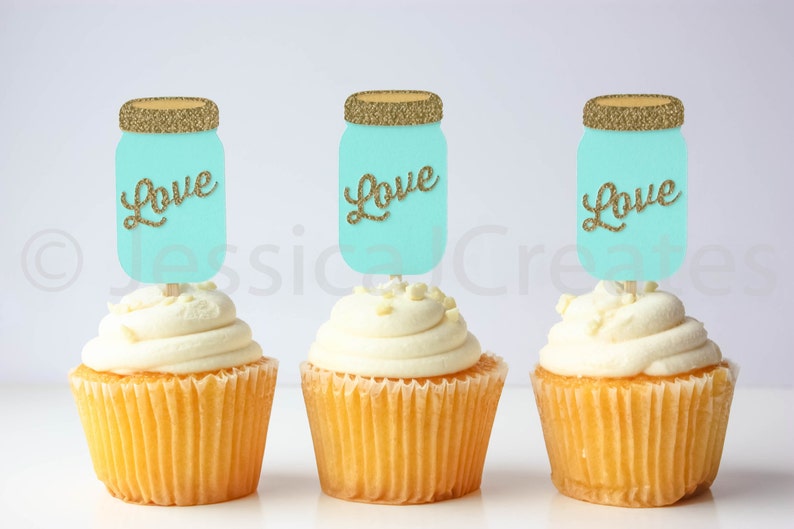 Mason Jar Cupcake Toppers Cupcake Toppers Gold Party Decor Bridal Shower Cupcake Toppers Rustic Party Decorations Qty 12