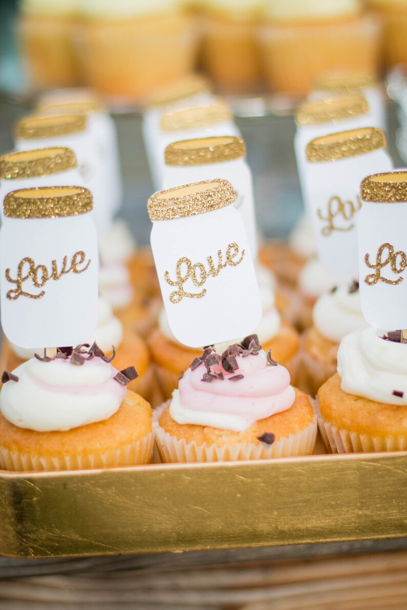 Mason Jar Cupcake Toppers Cupcake Toppers Gold Party Decor Bridal Shower Cupcake Toppers Rustic Party Decorations Qty 12