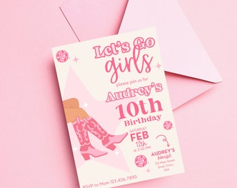 Disco Cowgirl Einladung zum Geburtstag: Let's Go Girls Party (Canva Template)