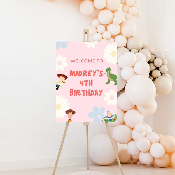 Panneau de bienvenue Toy Story, anniversaire Girly Toy Story, affiche de bienvenue Woody's Roundup, décor de fête Pink Toy Story en téléchargement numérique Woody et Buzz