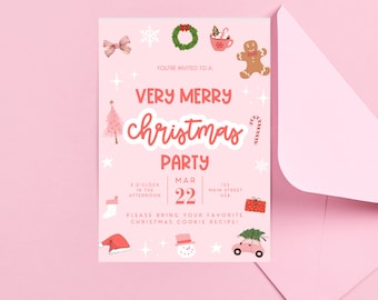 Pink Christmas Birthday Invitation: Editable Holiday Party Invite (Canva Template)