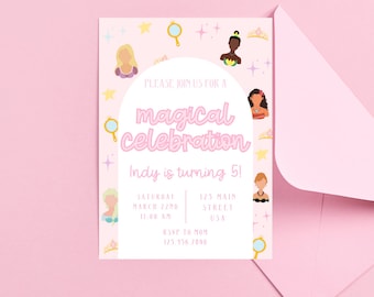 Prinzessin Geburtstagseinladung, Es war einmal, Prinzessin Royal Geburtstag Rosa Magische Feier Vorlage Bearbeitbar Mädchen Geburtstag Einladen