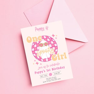 One Spooky Girl Birthday Invitation, Groovy Ghost, Pink Halloween, Girly Halloween Birthday Invite, Retro Halloween, Let's Go Ghouls