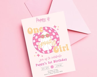 One Spooky Girl Birthday Invitation: Groovy Ghost, Pink Halloween (Digital Template)