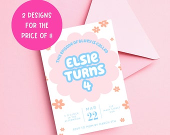 Blue Dog Birthday Invitation: Girls Party, Canva Template (5x7" Digital)