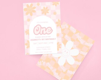 Groovy eerste verjaardagsuitnodiging: retro flowerpower (canvasjabloon)