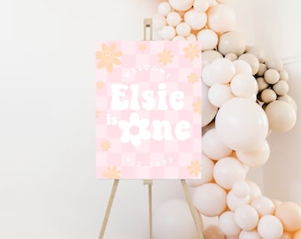 Retro welkomstbord 1e verjaardag: feestdecor Groovy Daisy (afdrukbaar)