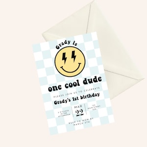 Birthday Party Invitation For A Boy, One Cool Dude Birthday, Smile, Happy Face Invites, Lightning Bolt, First Birthday Boy, Digital Download