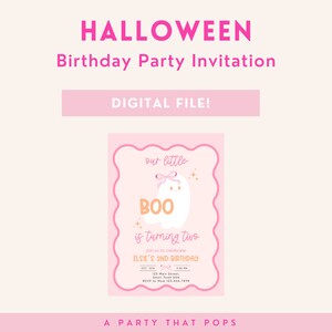 May include: A pink and white digital invitation for a Halloween birthday party. The invitation features a cartoon ghost with a pink bow and the text "our little BOO is turning two". The invitation also includes the text "join us to celebrate Elsie's 2nd Birthday" and the date and time of the party.