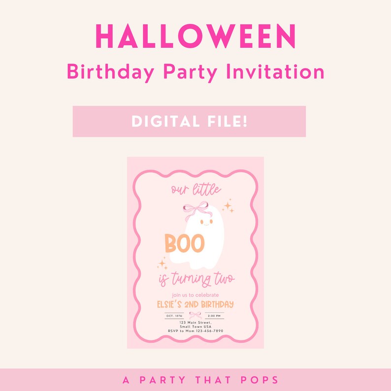 May include: A pink and white digital invitation for a Halloween birthday party. The invitation features a cartoon ghost with a pink bow and the text "our little BOO is turning two". The invitation also includes the text "join us to celebrate Elsie's 2nd Birthday" and the date and time of the party.