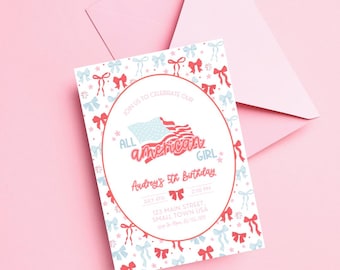 Patriotic Party Invitation: All American Girl, 4th of July Party Invite, Girls Patriotic Birthday Decor