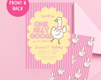 Silly Goose 1st Birthday Invitation: Editable Pink Party Invite (Canva Template)