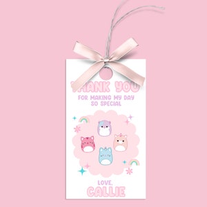 Cartão de agradecimento Squishmallow, etiqueta de presente para impressão, festa de aniversário Squishmallow, etiqueta para impressão, etiqueta de presente Squishy, aniversário de meninas, Canva Edit