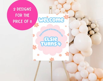 Blue Dog Birthday Welcome Sign: Girls Party Decor (Canva Template)