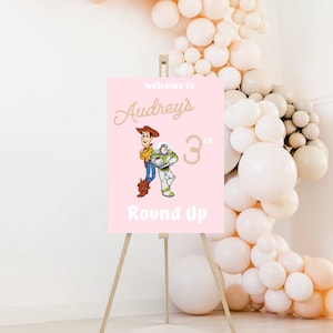 Girly Toy Story Birthday Welcome Sign: Woody&#39;s Roundup, Pink Party Decor (Digital Download)