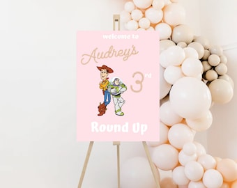 Girly Toy Story Birthday Welcome Sign: Woody's Roundup, Pink Party Decor (Digital Download)