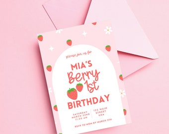Strawberry 1st Birthday Invitation Template: Editable Printable (Canva)
