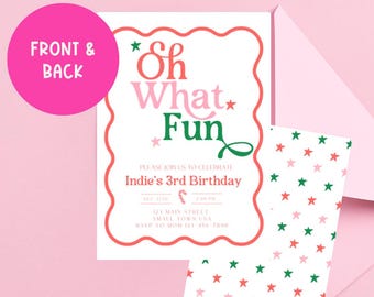 Christmas Birthday Invitation: Oh What Fun, Pink & Red (Canva Editable)
