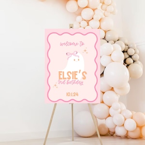 Halloween Birthday Welcome Sign, Our Little Boo Is Turning 2, Halloween Party Invite, Cute Ghost, Pink Halloween Ghost with Bow, Kids Party