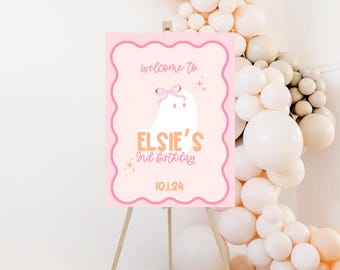 Halloween Birthday Welcome Sign, Our Little Boo Is Turning 2, Halloween Party Invite, Cute Ghost, Pink Halloween Ghost with Bow, Kids Party