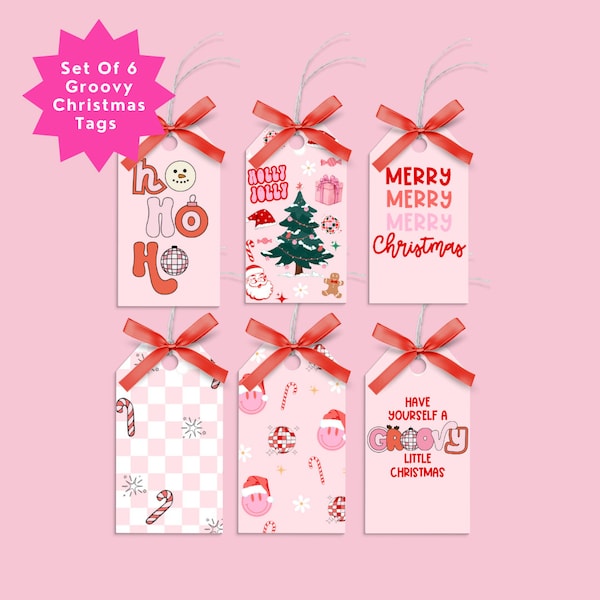 Christmas Gift Tag, Printable Gift Tag, Groovy Christmas, Holiday Gift Tag, Christmas Favors Tag, Happy Holidays Pink and Red Christmas