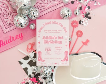 Disco Cowgirl Erste Geburtstagseinladung: Bearbeitbare Vorlage (Digitaler Download)