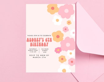 Inbjudan till Flower Power-födelsedagsfest | Groovy födelsedag | Daisy-inbjudan | Födelsedagsinbjudningar till en flicka | Flickfestdekorationer | Retrofest