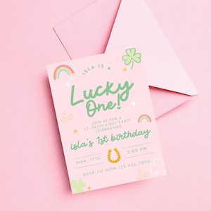 Invitación de cumpleaños de Lucky One, invitación de primer cumpleaños de las niñas, invitación del día de San Patricio, plantilla editable de fiesta del día de San Patricio 1er cumpleaños