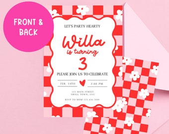 Valentine Birthday Invitation: Retro Checkered Party Invite (Editable Canva Template)