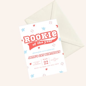 Rookie Year Birthday Invitation, Boys Baseball Invite, Baseball Party Decor, Baseball Birthday, Invitation For A Boy, 1st Birthday, Canva
