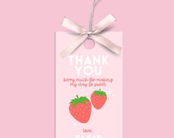 Strawberry First Birthday Thank You Tag: Editable Party Favor (Digital)