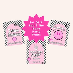 Pink Bad Two The Bone 2nd Birthday Party Signs (Canva Template)