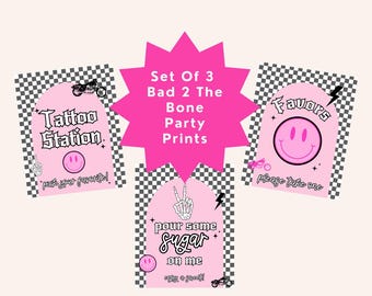 Pink Bad Two The Bone 2nd Birthday Party Signs (Canva Template)