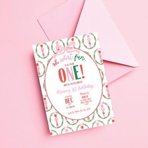 Convite de aniversário de Natal, festa de Natal, primeiro aniversário, oh, que diversão, convite de aniversário de meninas, editável, feriado de Natal rosa e vermelho