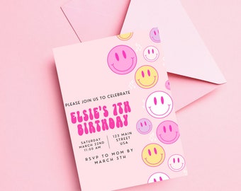 Groovy Smiley Face Birthday Invitation: Retro Girl Party (Canva Template)