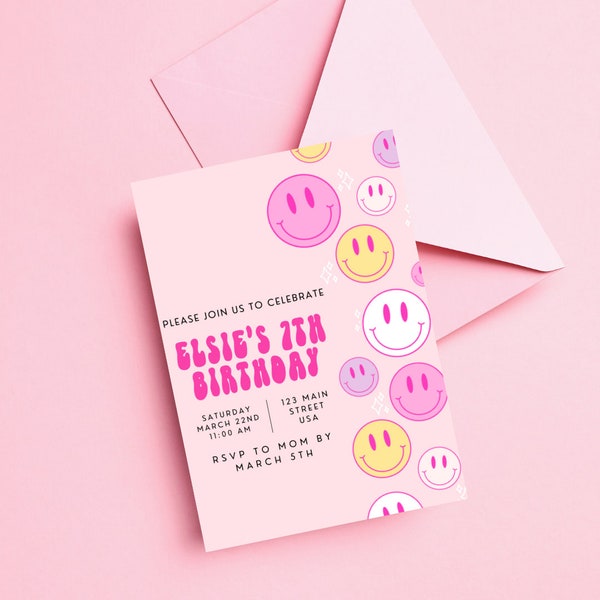Smiley Face Birthday Party Invitation, Girls Groovy Birthday, Preppy Invite, Birthday Invitations For a Girl Girly Party Decor,  Retro Party