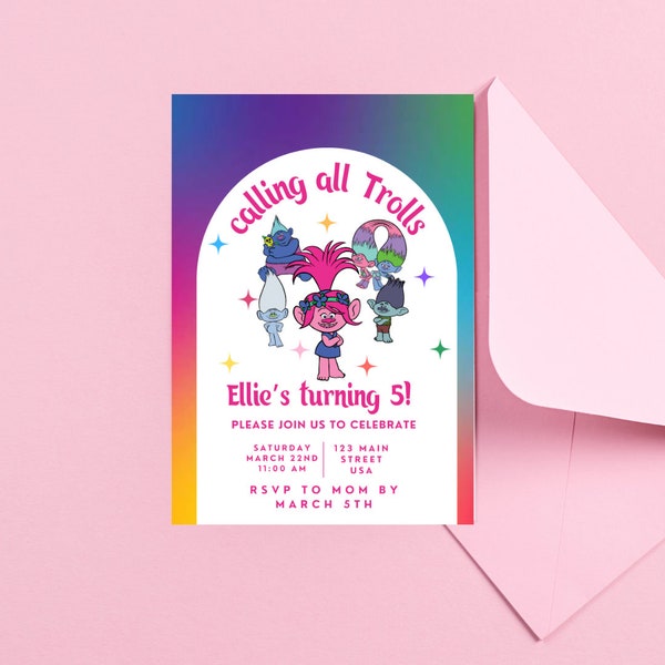 Trolls Birthday Invitation, Printable Kids Birthday Party Invite, Trolls invitation, Poppy & Branch, Digital Trolls Party Editable Template