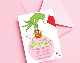 Christmas Party Invitation, Merry Grinchmas, Grinch Party Invite, Pink Red and Green, Girly Christmas Birthday Invite, Canva Editable