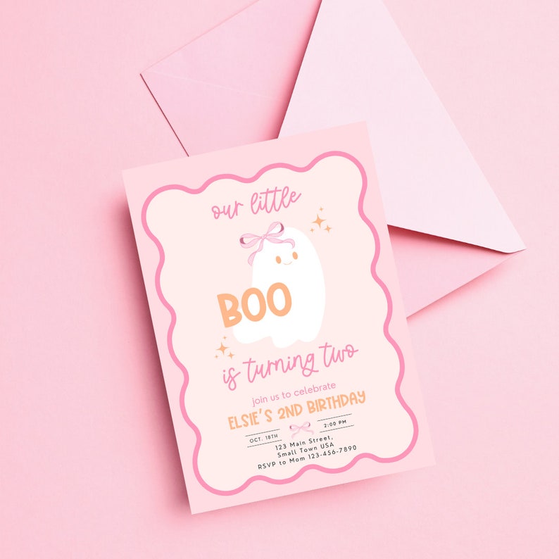 May include: Pink and orange birthday invitation with a cartoon ghost wearing a pink bow. The text reads "our little BOO is turning two, join us to celebrate Elsie's 2nd Birthday, Oct. 18th, 2:00 PM, 123 Main Street, Small Town USA, RSVP to Mom 123-456-7890".