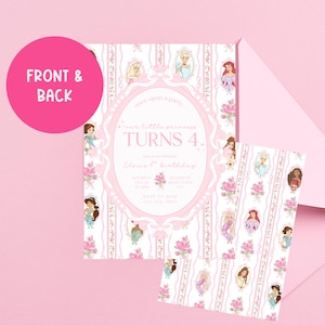 May include: A rectangular birthday invitation card featuring a pink and white striped background with illustrations of various princesses in oval frames and pink floral bouquets. The center text reads: once upon a party, our little princess TURNS 4.