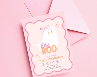 Pink Halloween Birthday Invitation: Coquette Ghost Party (Digital Template)