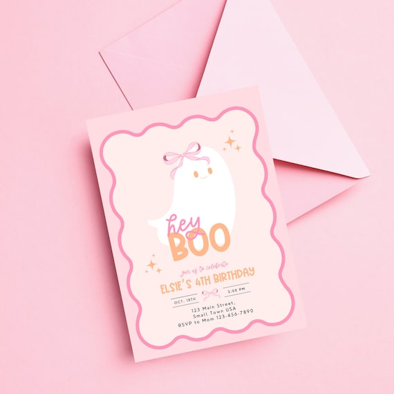 Pink Halloween Birthday Invitation, Coquette Ghost Party, Hey Boo, Our Little Boo Is Turning Two, Girly Halloween Invite. Ghost Decor