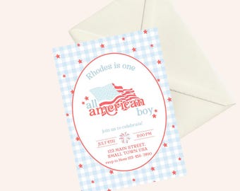 Patriotic 1st Birthday Invitation: All American Boy, Red White & Blue (Digital)